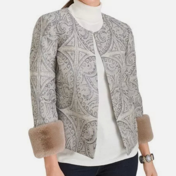 Chico's Convertible Faux Fur Cuff Jacquard Jacket In Grey/Blue - Picture 1 of 10